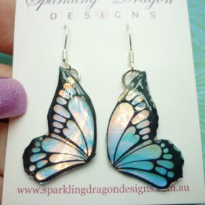 Gold & Blue Butterfly Double Wing Earrings  - Fairy Jewellery, Fun Gift for her Fairy Wing Earrings - Sparkly  - Resin with Glitter Finish