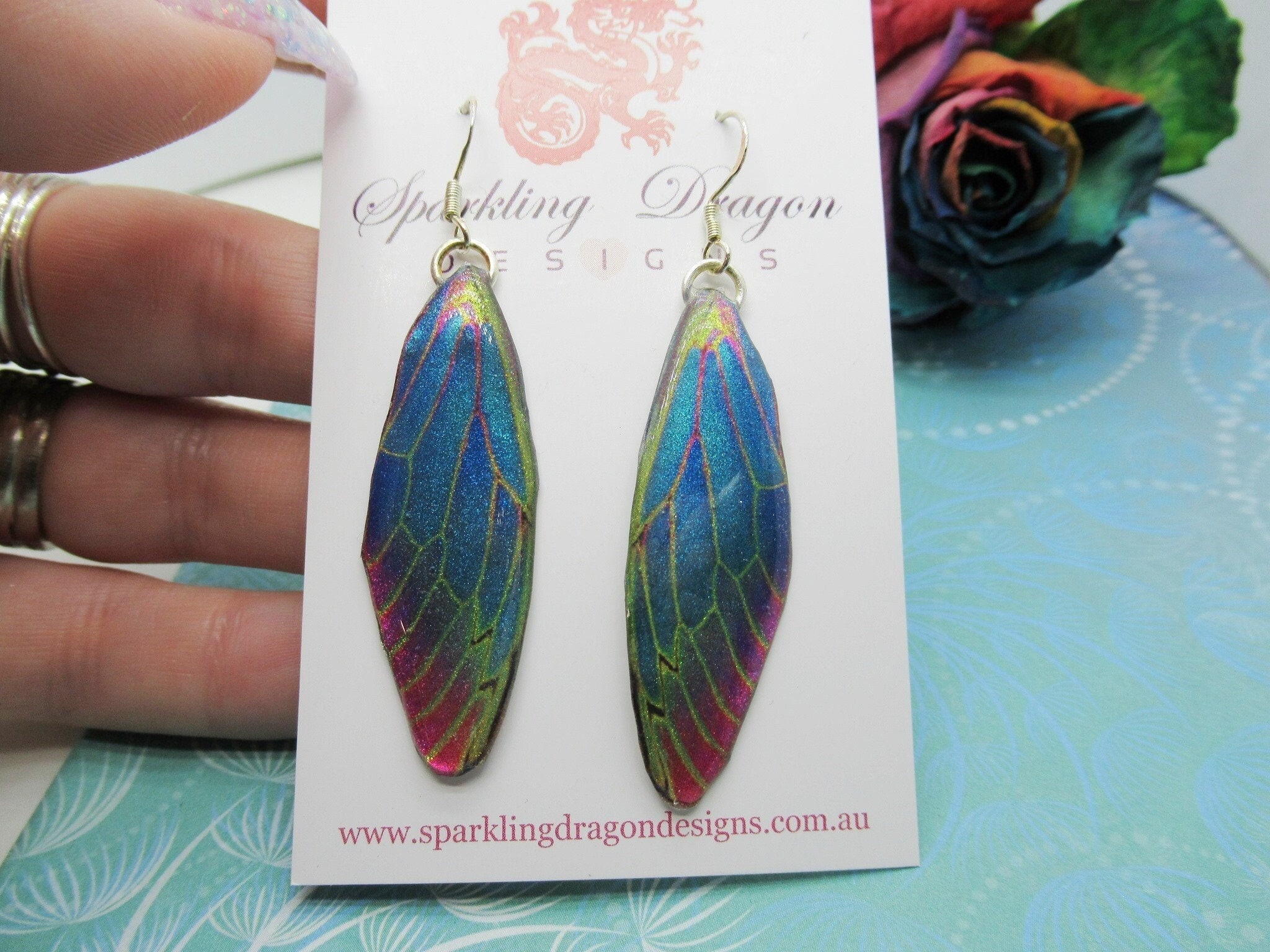 Butterfly Wing Blue & Red, Green Lines Earrings - Fairy Jewellery, Fun Gift for her Statement Present Sparkly - Resin with Glitter Finish