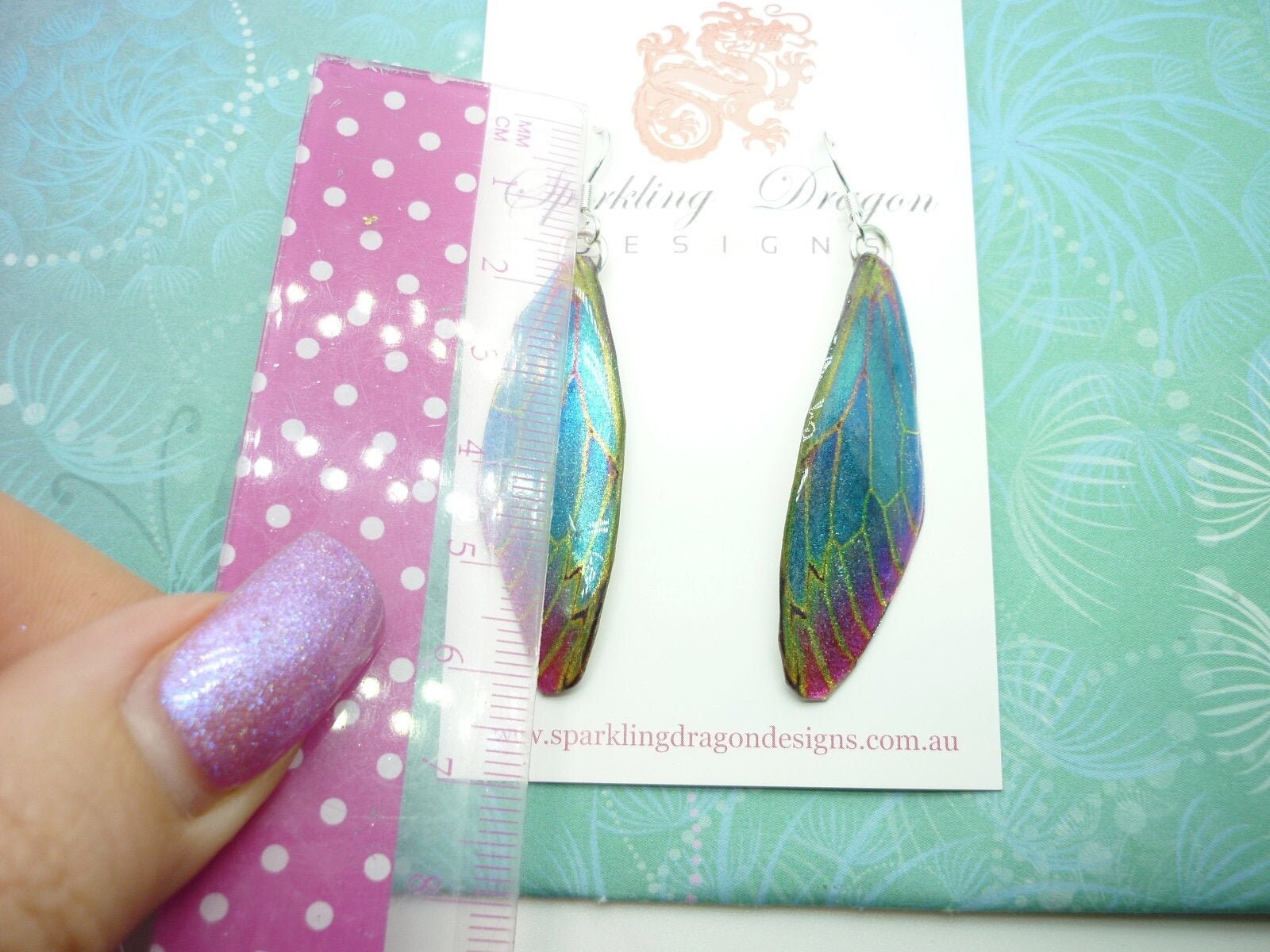 Butterfly Wing Blue & Red, Green Lines Earrings - Fairy Jewellery, Fun Gift for her Statement Present Sparkly - Resin with Glitter Finish - Image 3