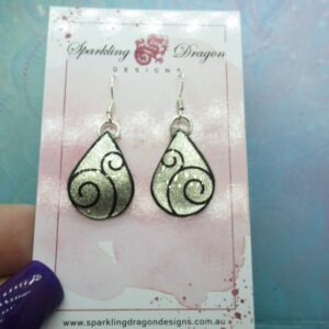 Rain Drop Swirls Earrings - New Age Boho gift - Sparkling Silver in Resin with Glitter Finish