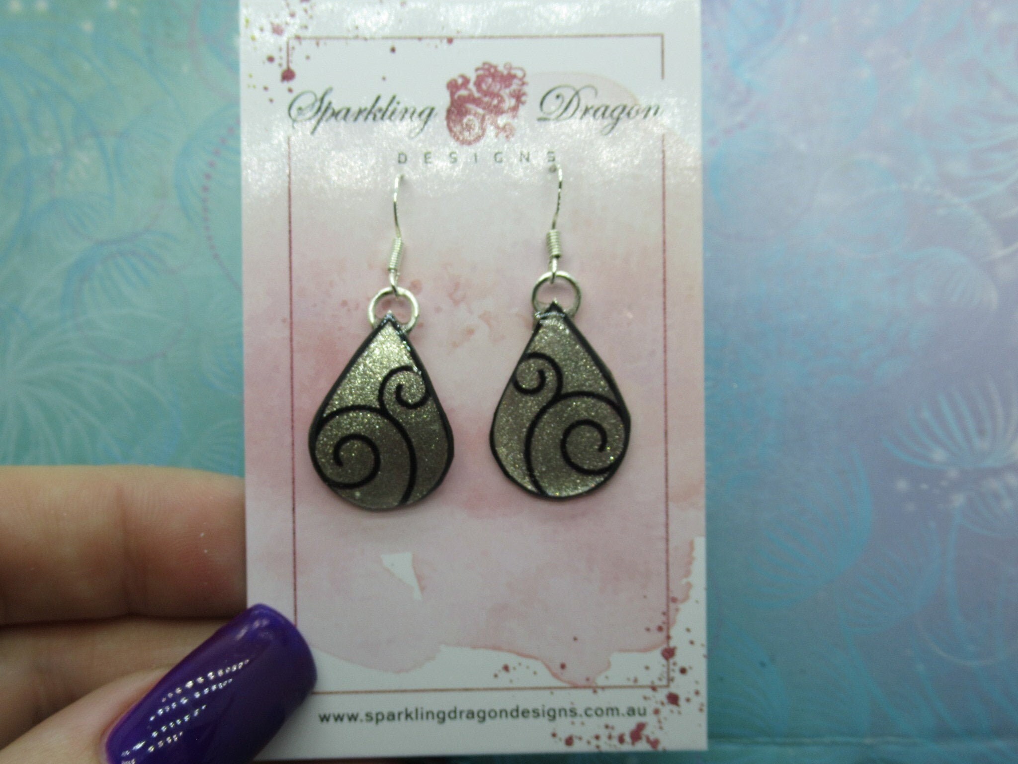 Rain Drop Swirls Earrings - New Age Boho gift - Sparkling Silver in Resin with Glitter Finish - Image 2