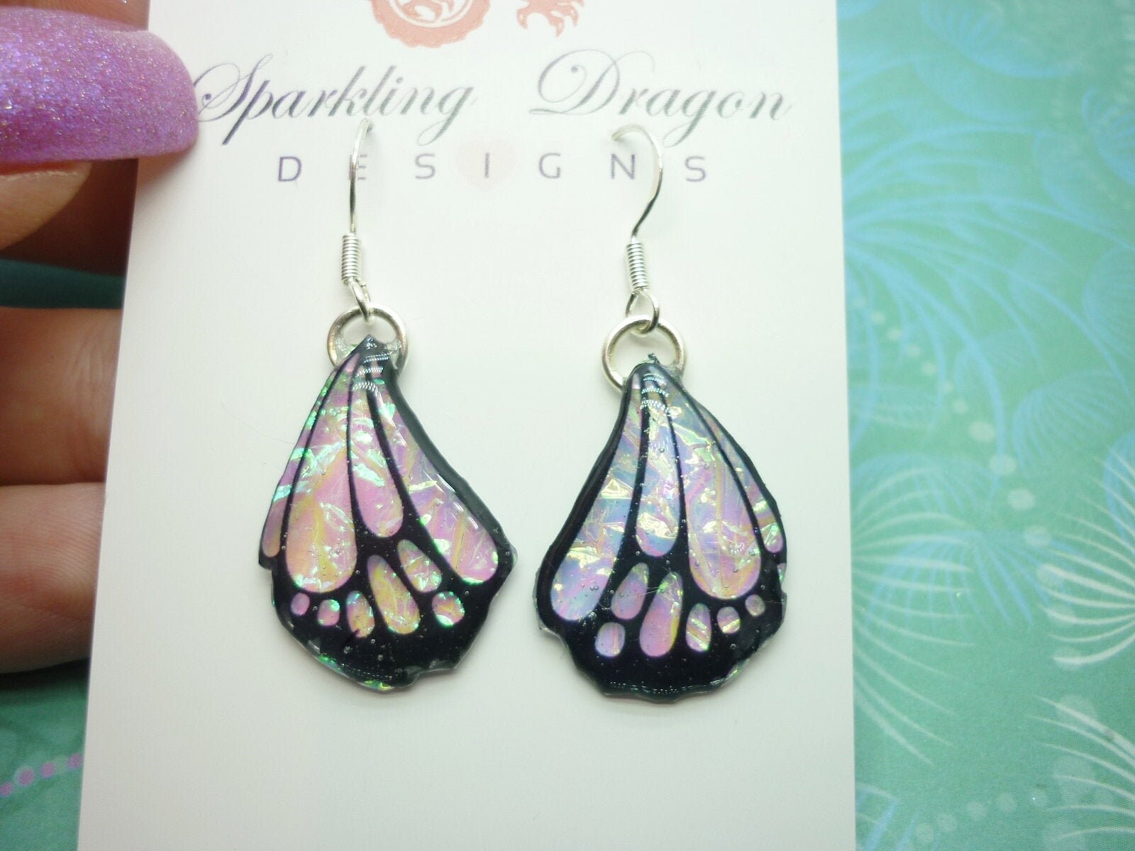 Butterfly Wings Earrings Colour Shift Pink/Green, Small - Fairy Jewellery, Fairy Wing Earrings - Sparkly - Resin with Glitter Finish - Image 3