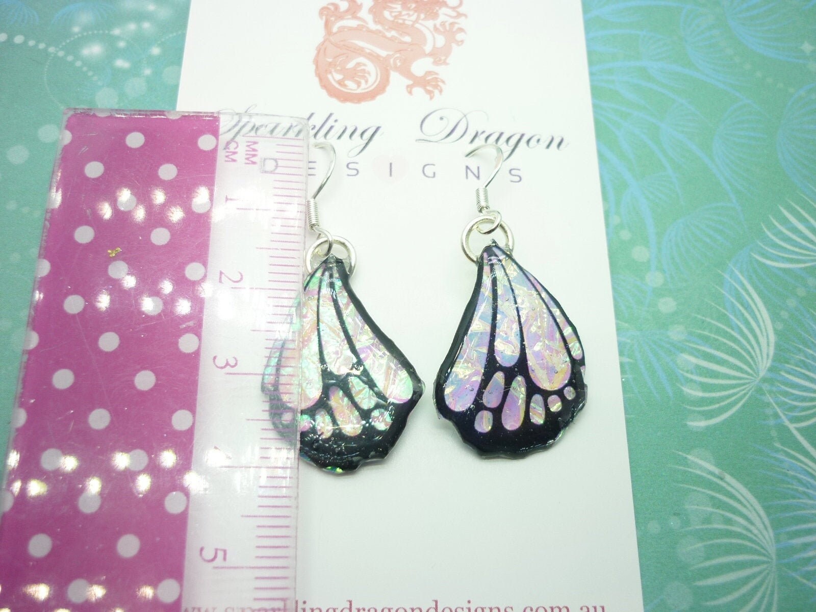 Butterfly Wings Earrings Colour Shift Pink/Green, Small - Fairy Jewellery, Fairy Wing Earrings - Sparkly - Resin with Glitter Finish - Image 4