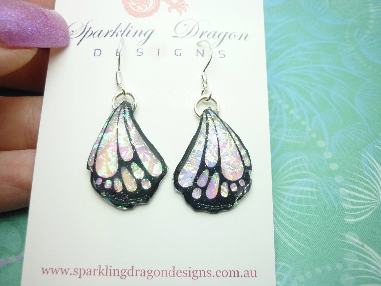 Butterfly Wings Earrings Colour Shift Pink/Green, Small - Fairy Jewellery, Fairy Wing Earrings - Sparkly - Resin with Glitter Finish - Image 5