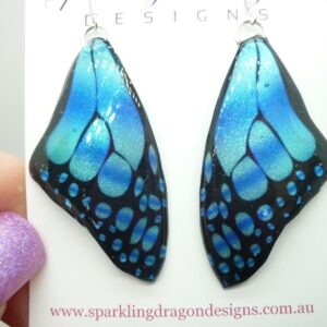 Butterfly Wing Large Size Earrings Soft Blue Stained Glass- Fairy Jewellery, Fairy Wing Earrings - Sparkly - Resin with Glitter Finish