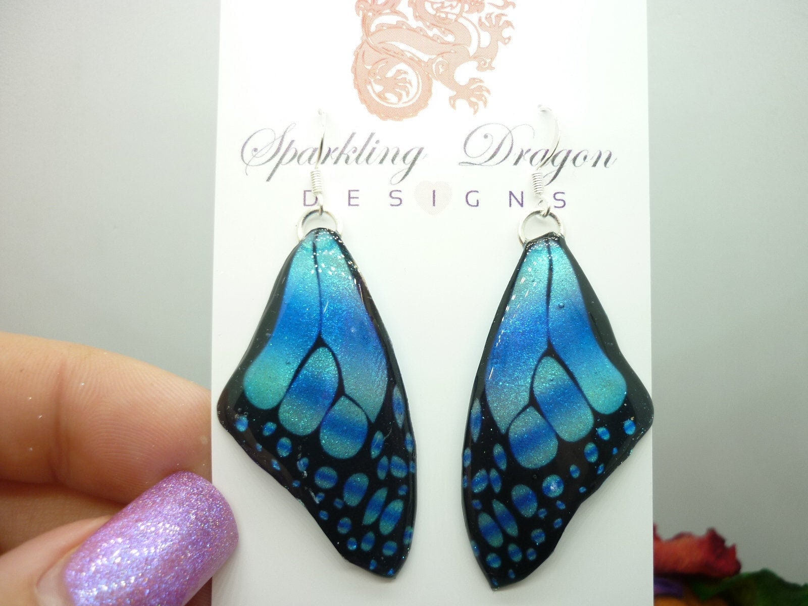 Butterfly Wing Large Size Earrings Soft Blue Stained Glass- Fairy Jewellery, Fairy Wing Earrings - Sparkly - Resin with Glitter Finish - Image 4