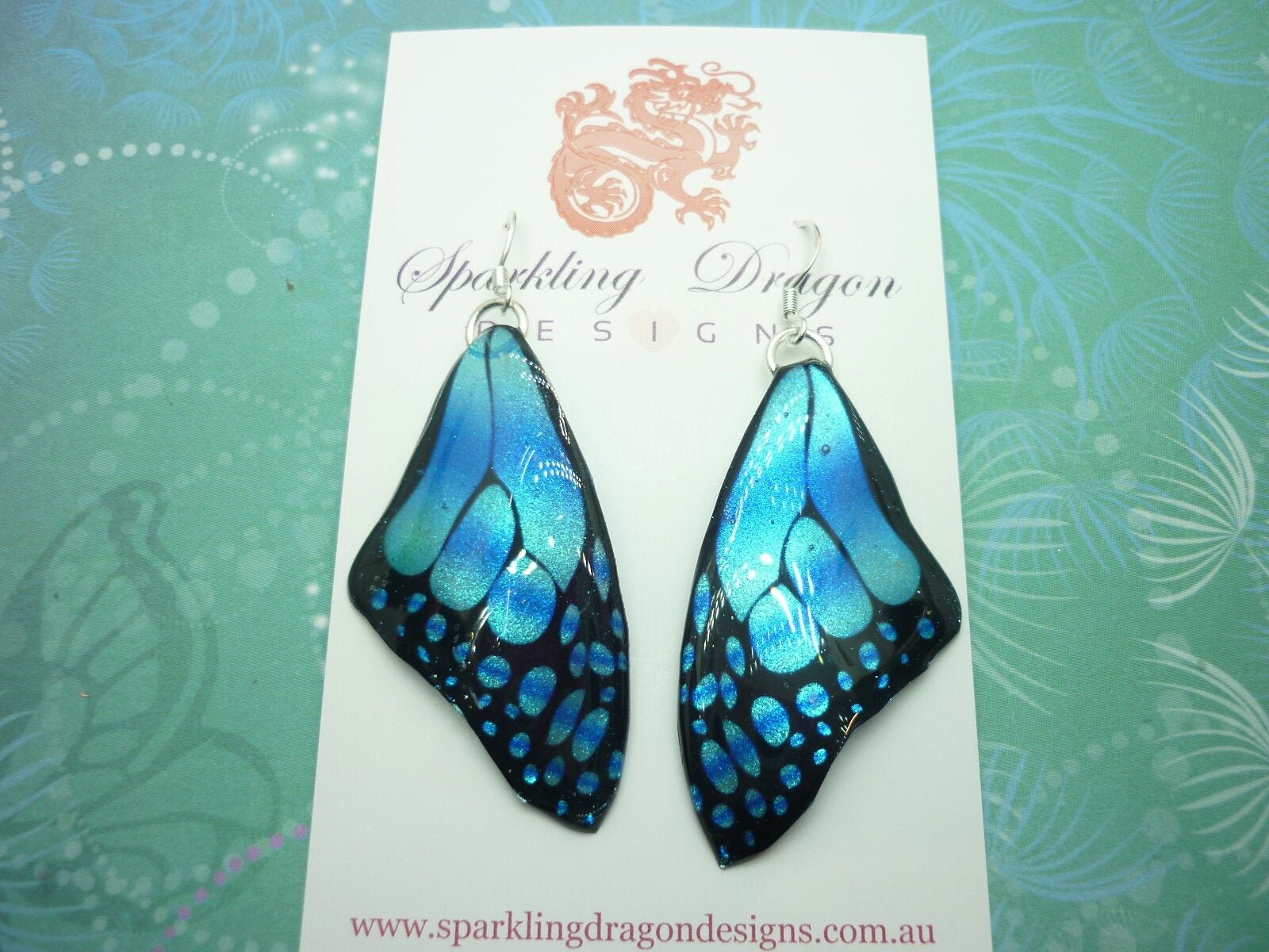 Butterfly Wing Large Size Earrings Soft Blue Stained Glass- Fairy Jewellery, Fairy Wing Earrings - Sparkly - Resin with Glitter Finish - Image 5