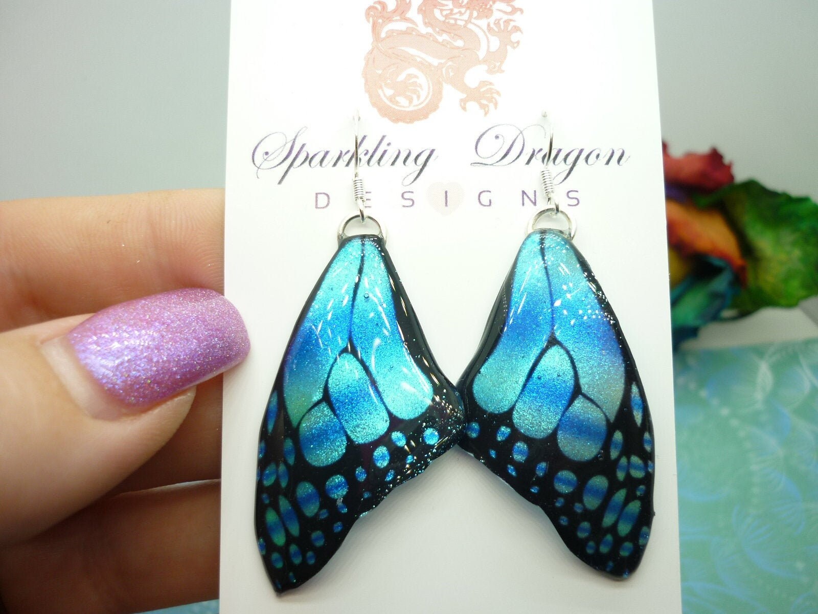 Butterfly Wing Large Size Earrings Soft Blue Stained Glass- Fairy Jewellery, Fairy Wing Earrings - Sparkly - Resin with Glitter Finish - Image 8