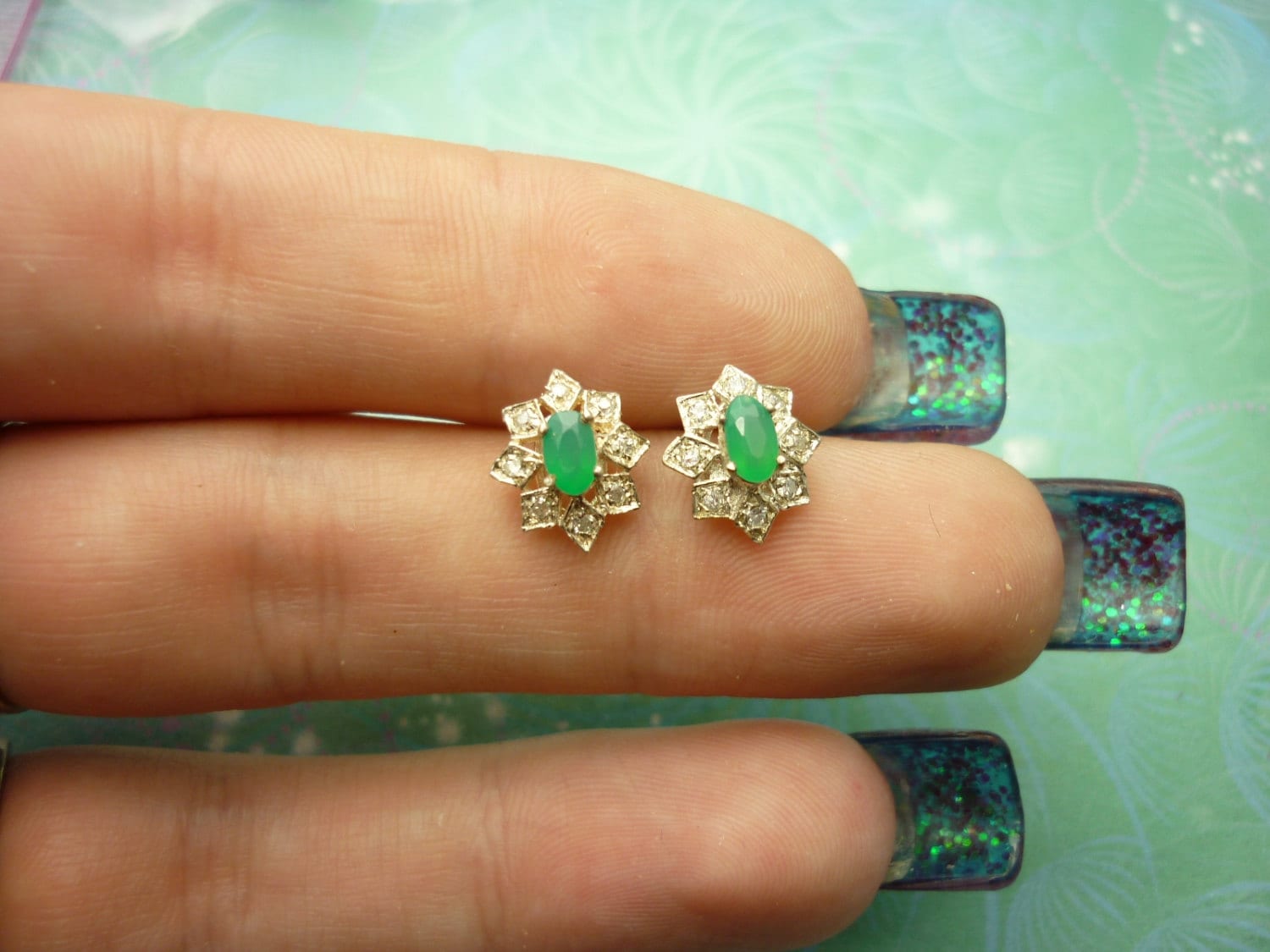 Green Chalcedony Gemstones and Cubic Zirconia - Vintage Sterling Silver Earrings Dainty 925 Silver