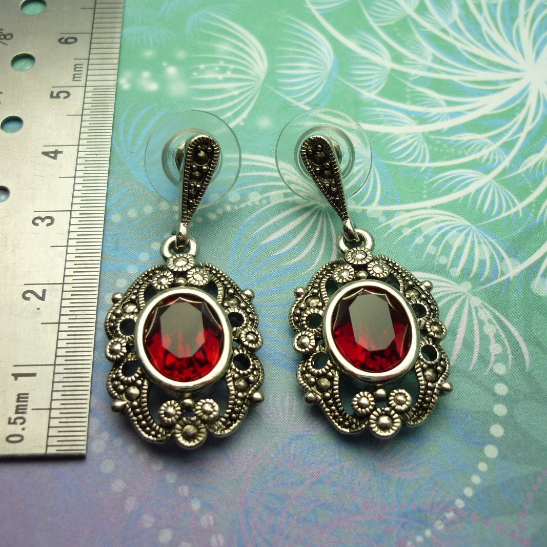 Vintage Sterling Silver Earrings - Red Crystals - Image 2