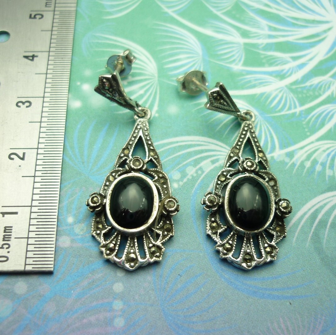 Vintage Sterling Silver Earrings - Black Onyx - Style 13 - Image 2