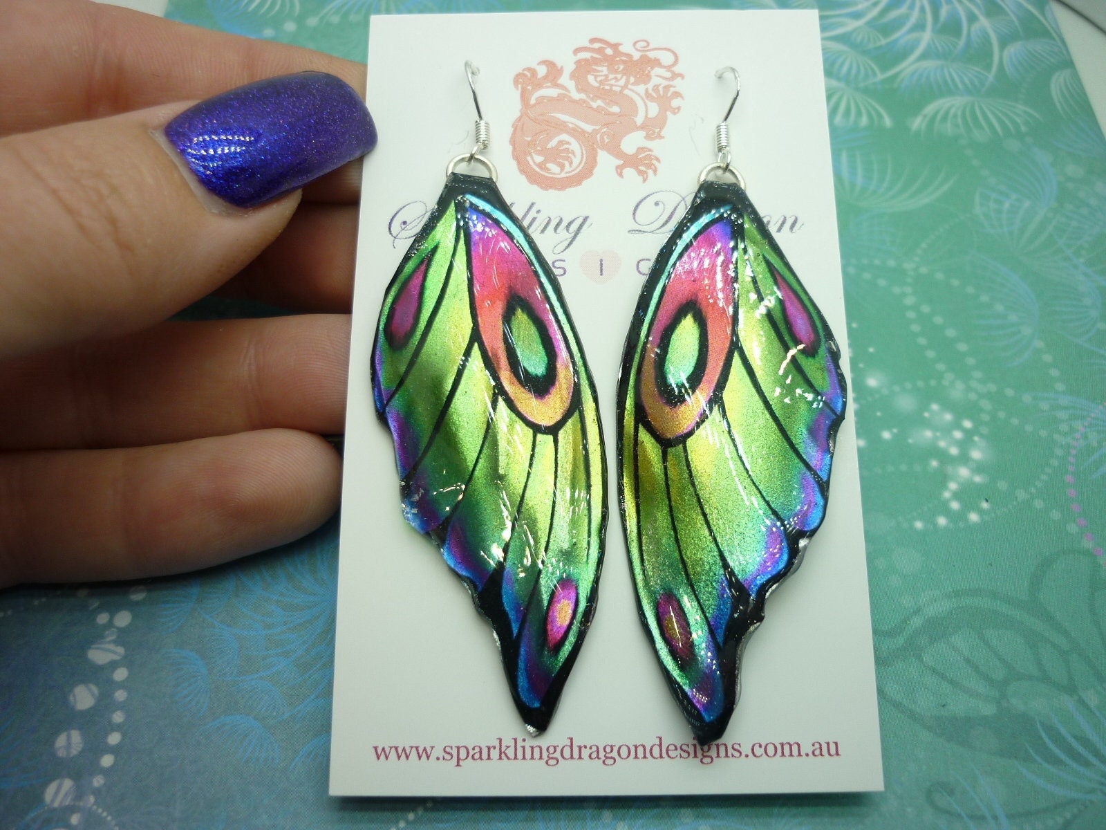 Butterfly Wing Earrings Green Yellow - Fairy Jewellery, Fun Gift for her Fairy Wing Earrings - Sparkly - Rainbow Resin with Glitter Finish