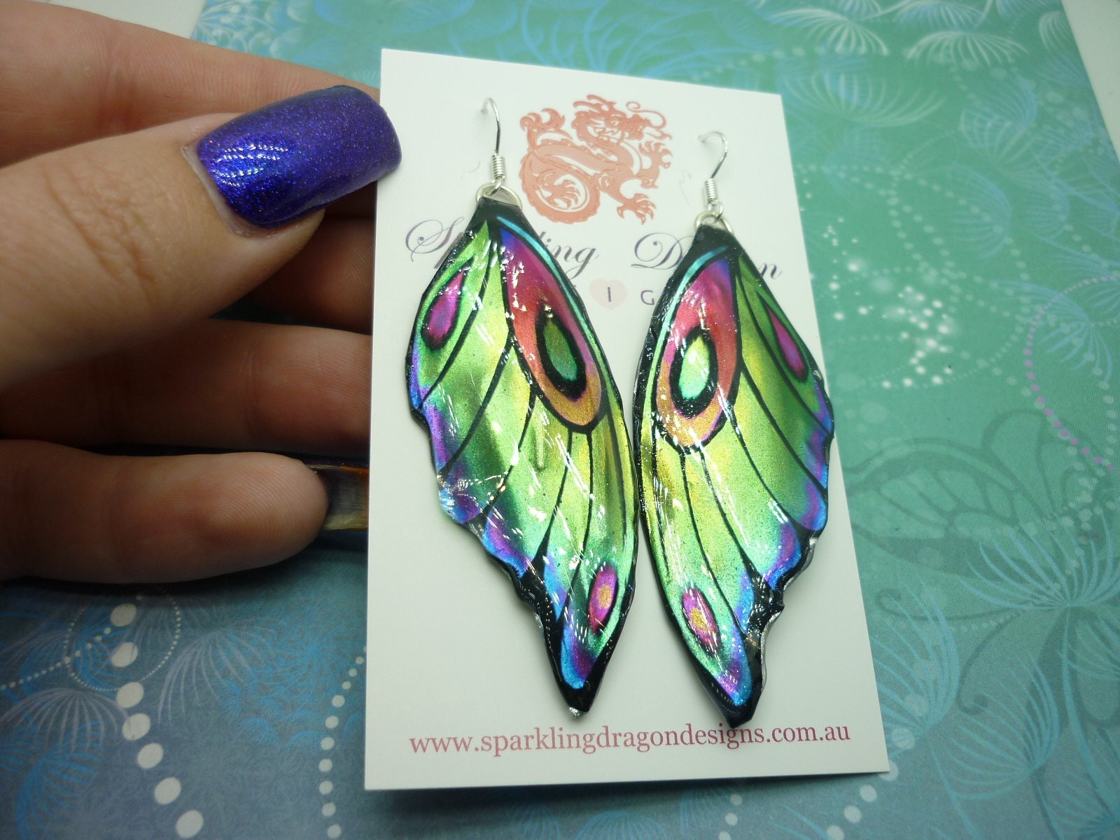 Butterfly Wing Earrings Green Yellow - Fairy Jewellery, Fun Gift for her Fairy Wing Earrings - Sparkly - Rainbow Resin with Glitter Finish - Image 2