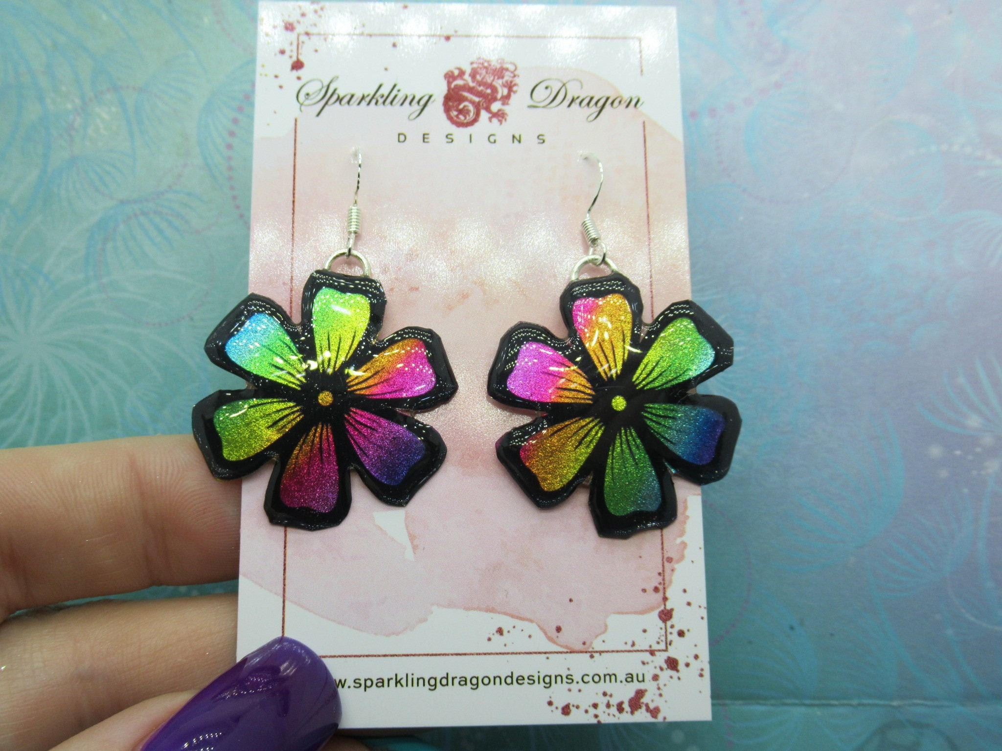 Feel Good Flower Earrings - New Age Boho gift - Rainbow Colours in Resin with Glitter Finish, Gift for Mum, Teacher Gift, Birthday Present - Image 2