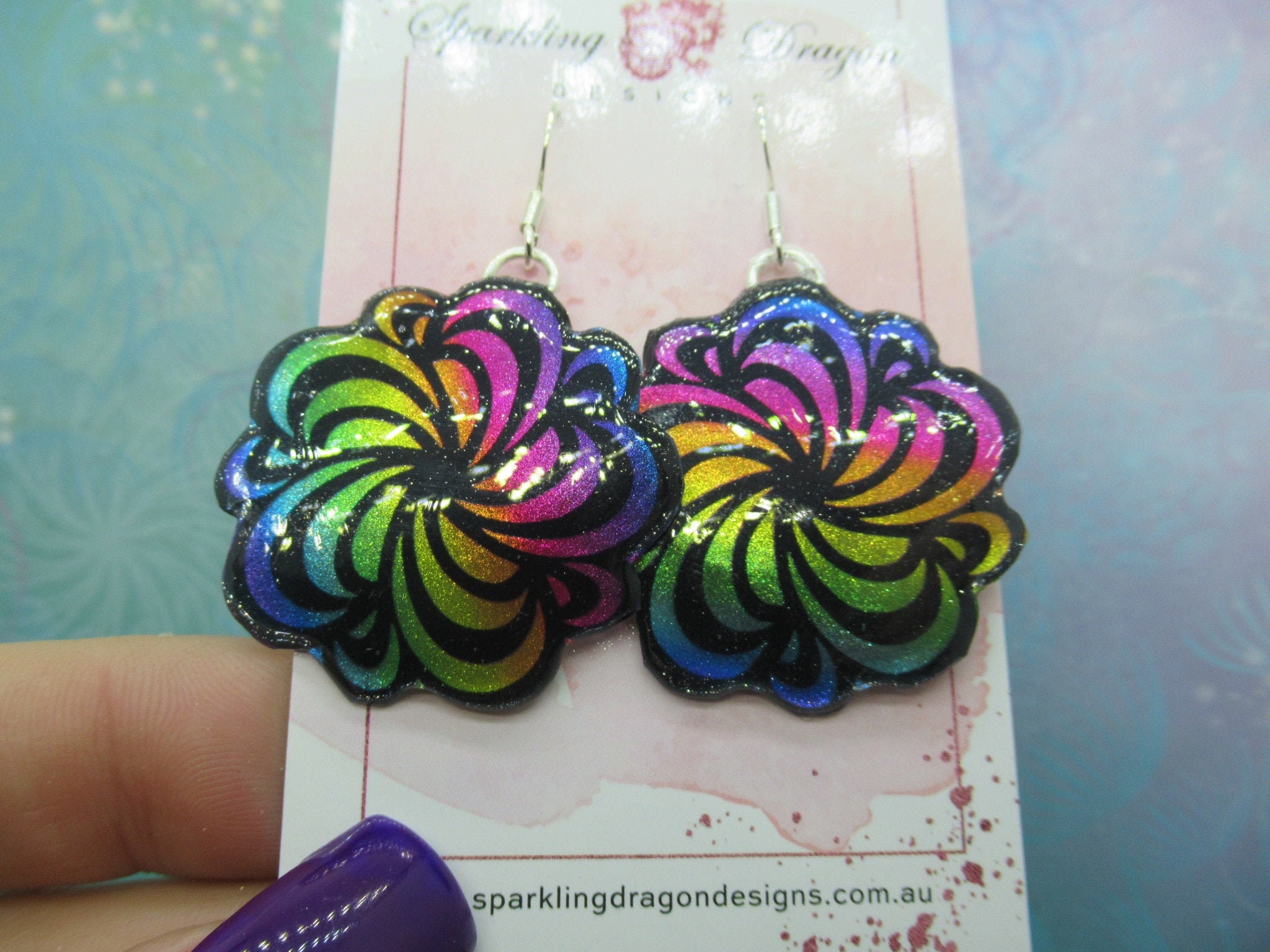 Rainbow Swirling Flower Earrings - New Age Boho gift - Resin with Glitter Finish, Gift for Mum, Teacher Gift, Birthday Present
