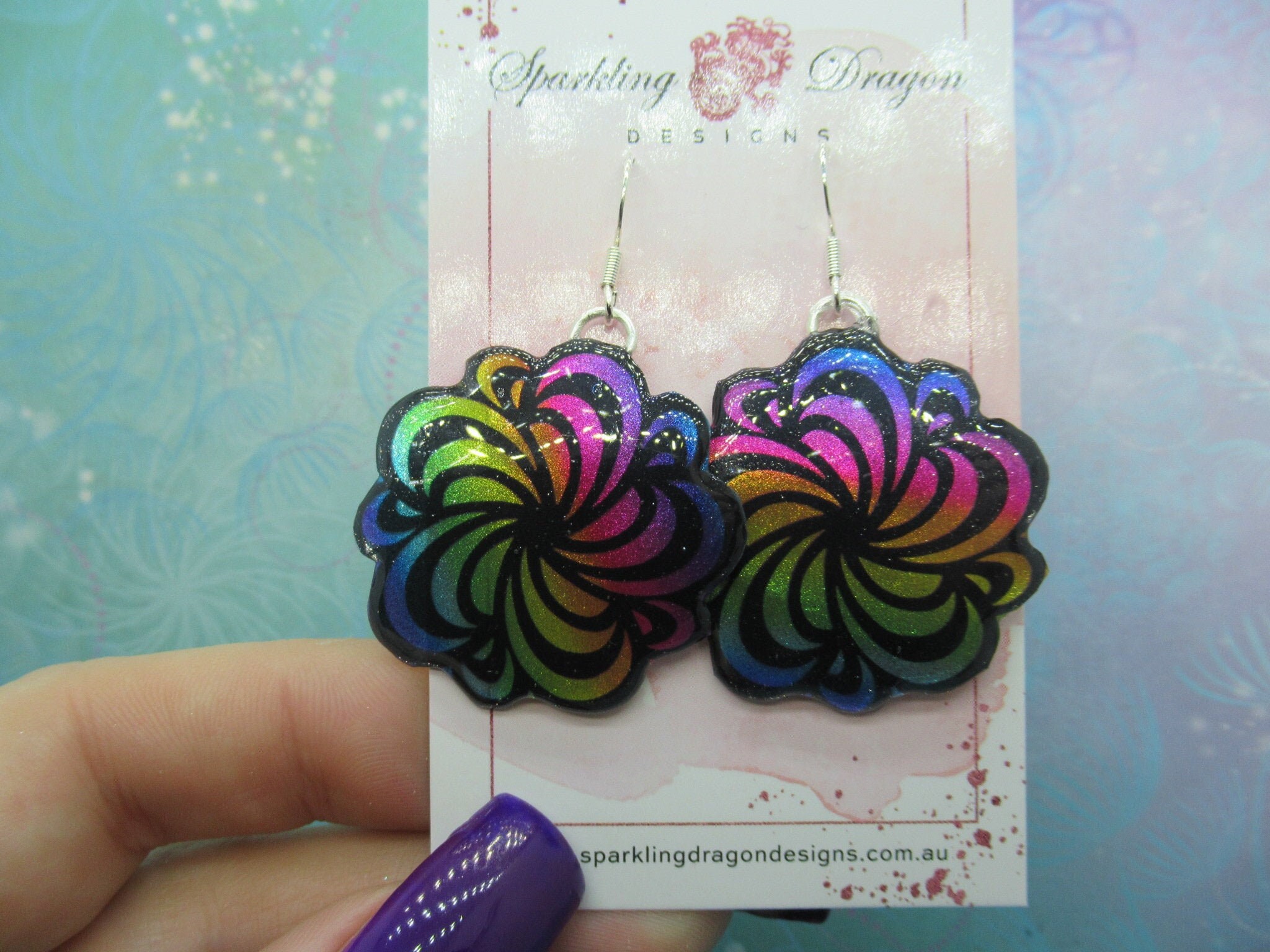 Rainbow Swirling Flower Earrings - New Age Boho gift - Resin with Glitter Finish, Gift for Mum, Teacher Gift, Birthday Present - Image 2