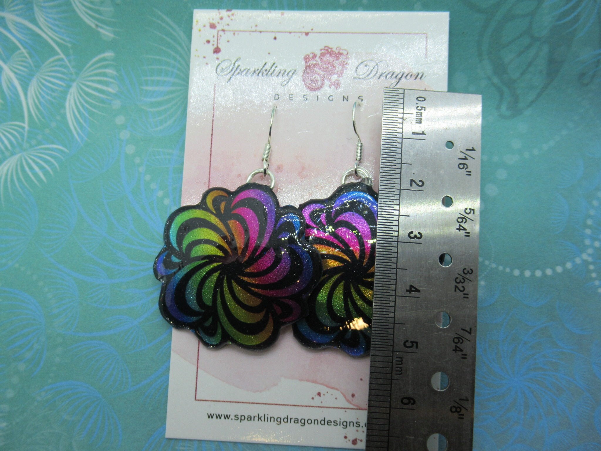 Rainbow Swirling Flower Earrings - New Age Boho gift - Resin with Glitter Finish, Gift for Mum, Teacher Gift, Birthday Present - Image 3