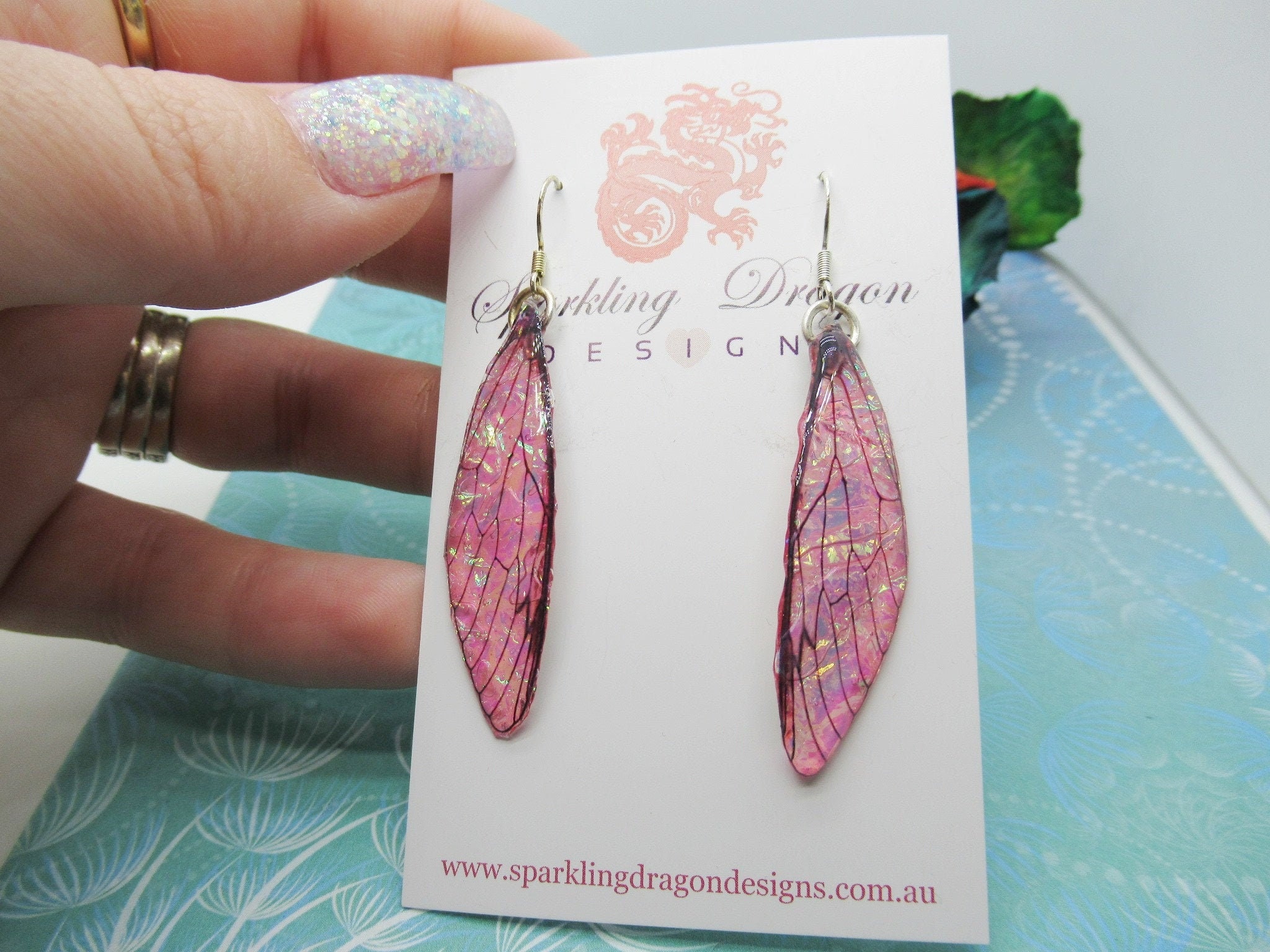 Pink Shimmer Fairy Wing Earrings - Butterfly Jewellery, Fun Gift Statement Present Sparkly Boho Rainbow Resin with Glitter Finish Dragonfly - Image 2