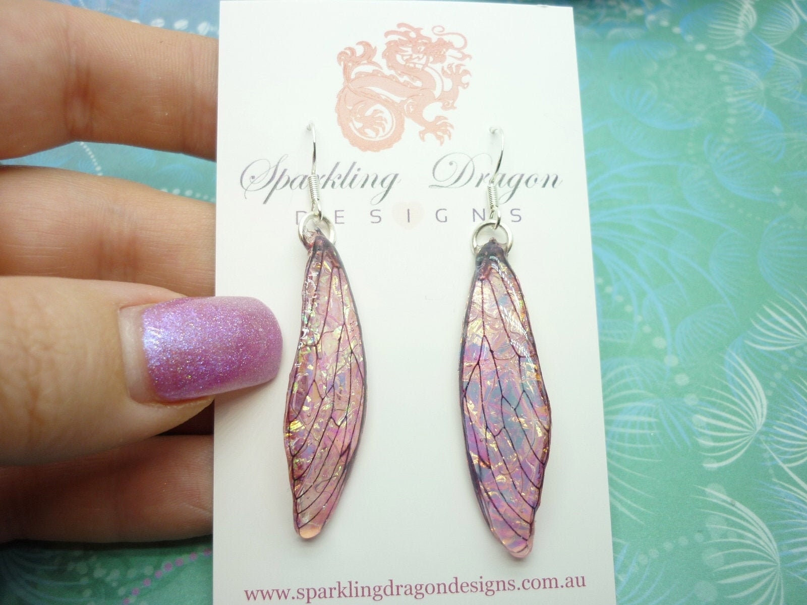 Pink Shimmer Fairy Wing Earrings - Butterfly Jewellery, Fun Gift Statement Present Sparkly Boho Rainbow Resin with Glitter Finish Dragonfly - Image 9