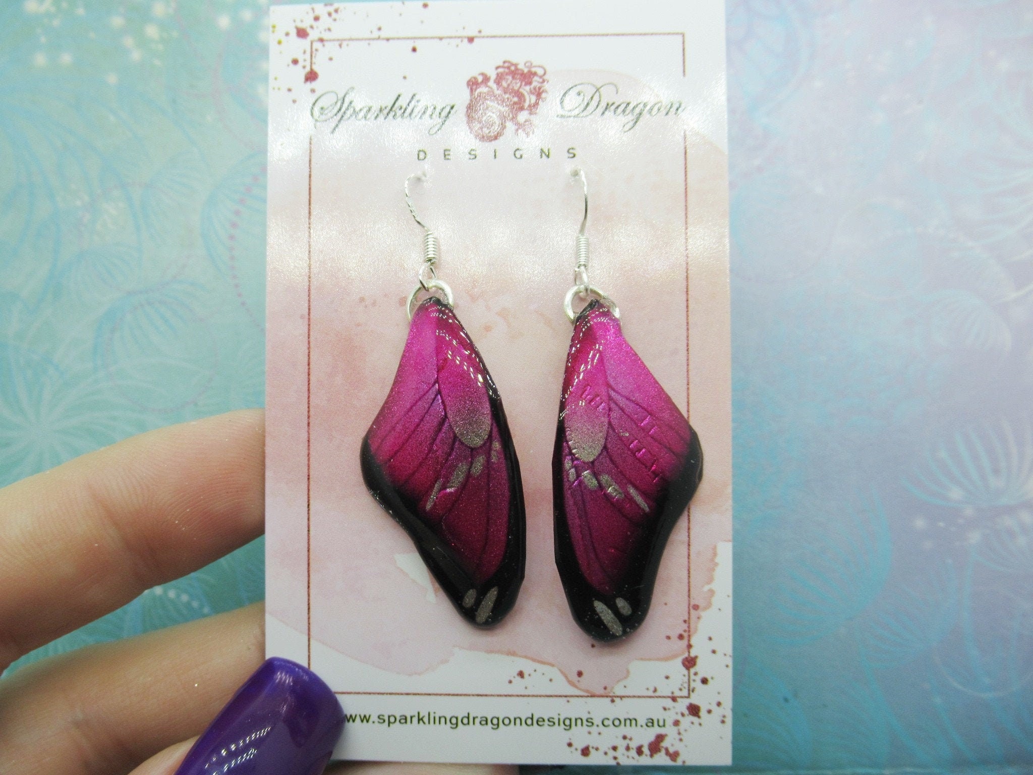 Butterfly Earrings Pink and Black - Fairy Jewellery, Fun Gift for her Fairy Wing Earrings - Sparkly - Resin with Glitter Finish - Image 2