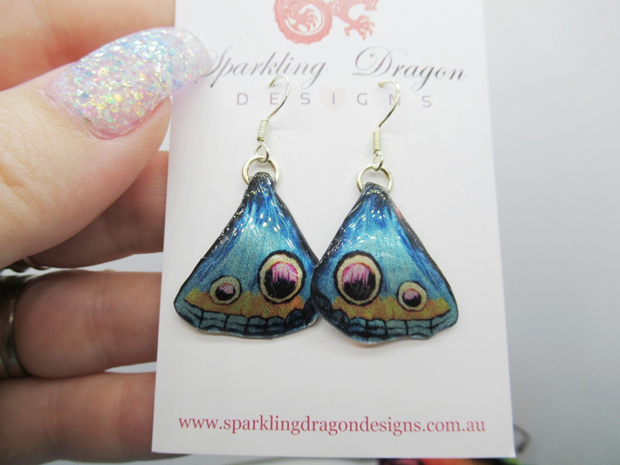 Butterfly Wing Blue Earrings - Fairy Jewellery, Fun Gift for her Fairy Wing Earrings - Sparkly - Rainbow Resin with Glitter Finish
