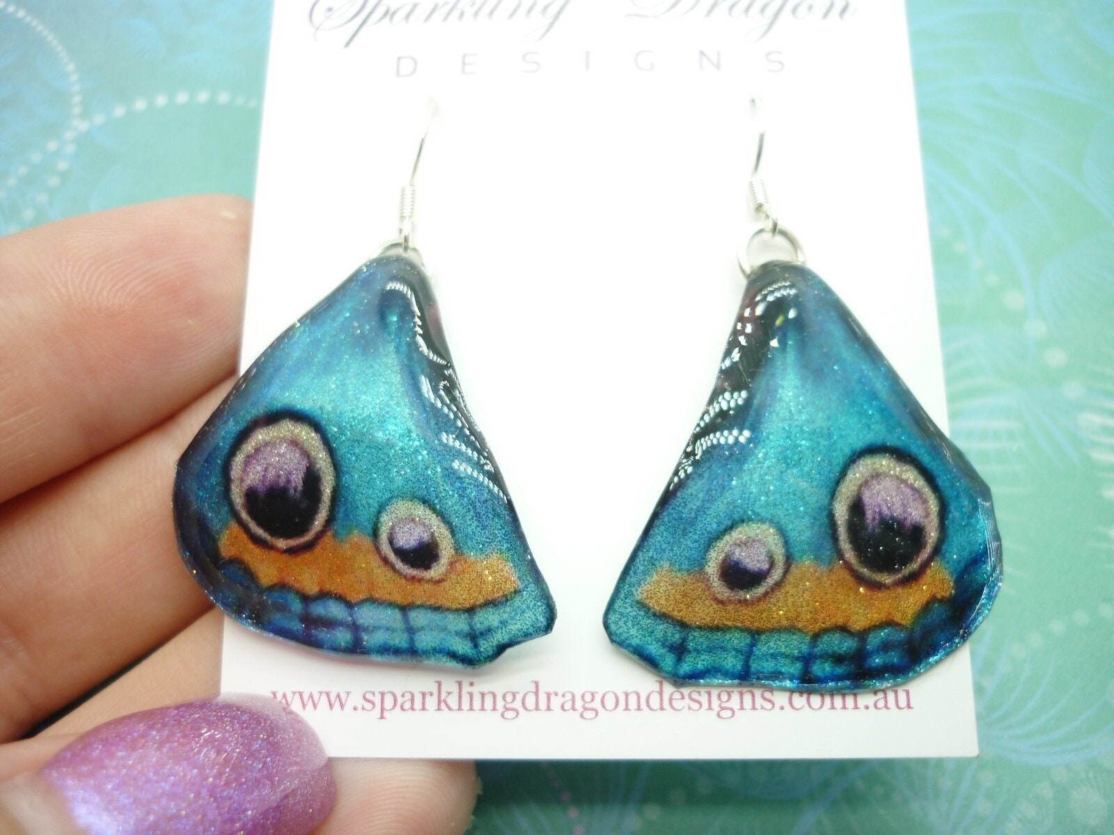 Butterfly Wing Blue Earrings - Fairy Jewellery, Fun Gift for her Fairy Wing Earrings - Sparkly - Rainbow Resin with Glitter Finish - Image 5