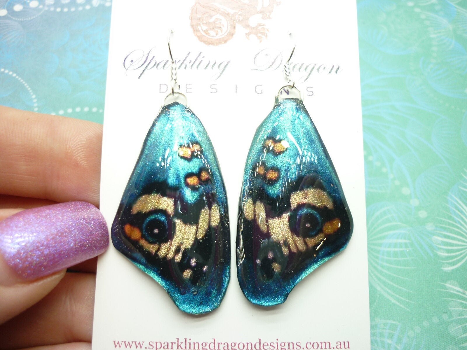 Butterfly Wing Big Earrings Blue & Yellow - Fairy Jewellery, Fun Gift for her Fairy Wing Earrings - Sparkly - Resin with Glitter Finish