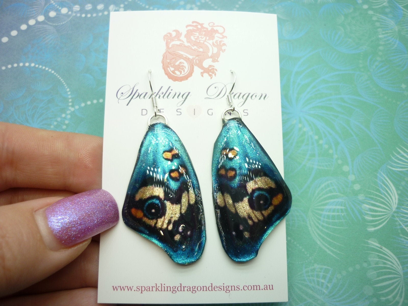 Butterfly Wing Big Earrings Blue & Yellow - Fairy Jewellery, Fun Gift for her Fairy Wing Earrings - Sparkly - Resin with Glitter Finish - Image 2