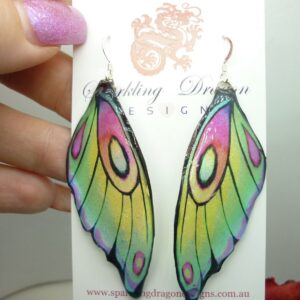 Butterfly Wing Earrings Pale Green Yellow - Fairy Jewellery, Fun Gift Fairy Wing Earrings - Sparkly - Rainbow Resin with Glitter Finish
