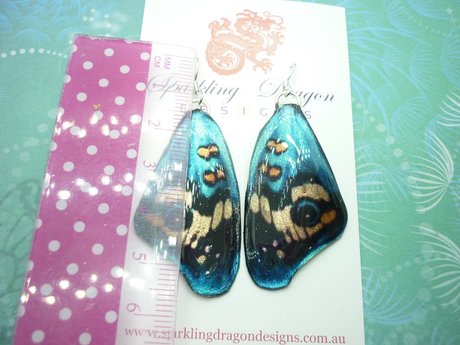 Butterfly Wing Big Earrings Blue & Yellow - Fairy Jewellery, Fun Gift for her Fairy Wing Earrings - Sparkly - Resin with Glitter Finish - Image 7