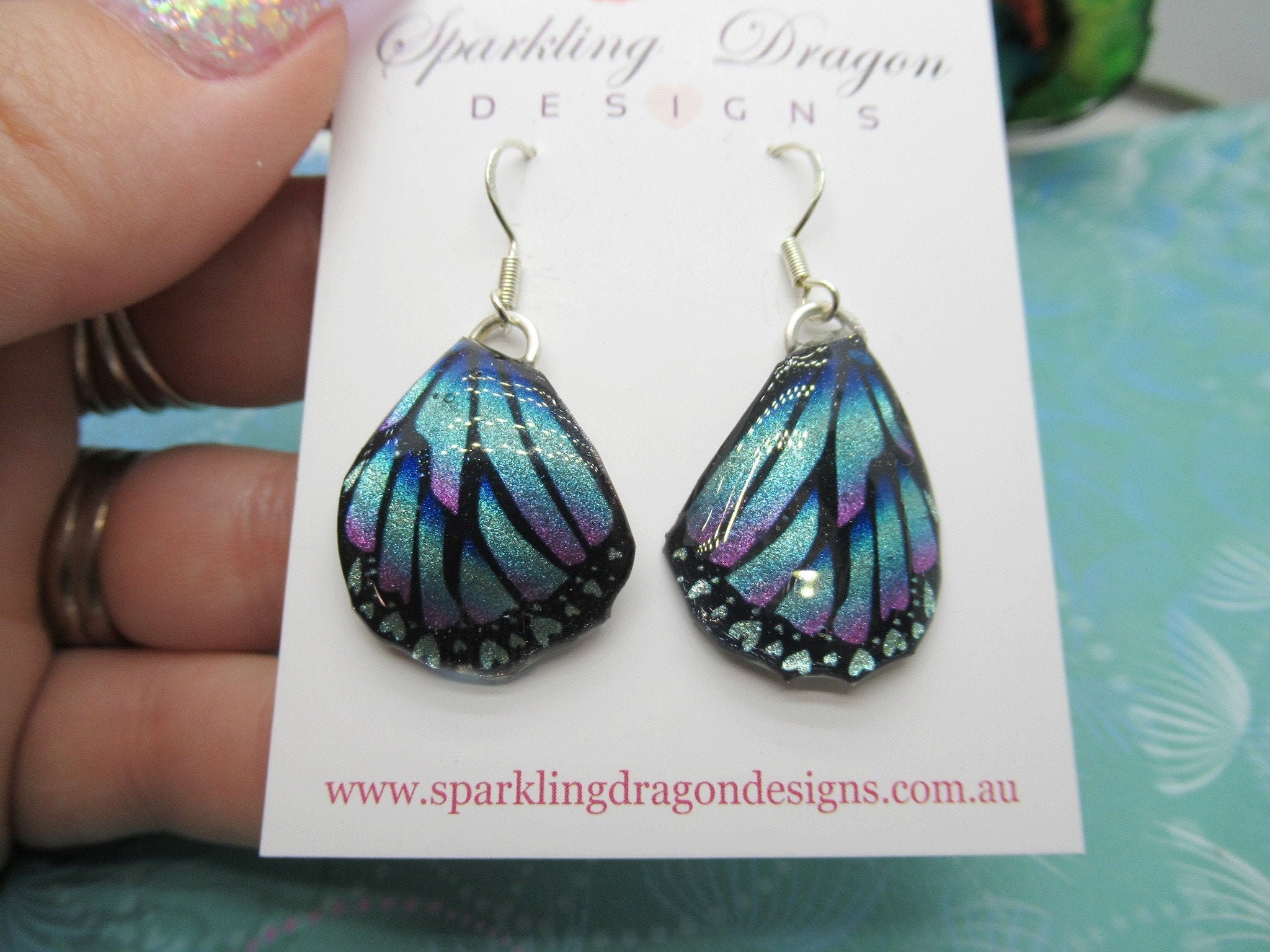 Butterfly Wing Earrings Pink & Blue Hearts - Fairy Jewellery, Fun Gift for her Fairy Wing Earrings - Sparkly - Resin with Glitter Finish - Image 2