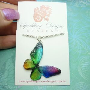 Butterfly Necklace Glittery Rainbow on a Sparkle Silver Plated Chain - Fairy Jewellery, Fun Gift for her Resin with Glitter Finish