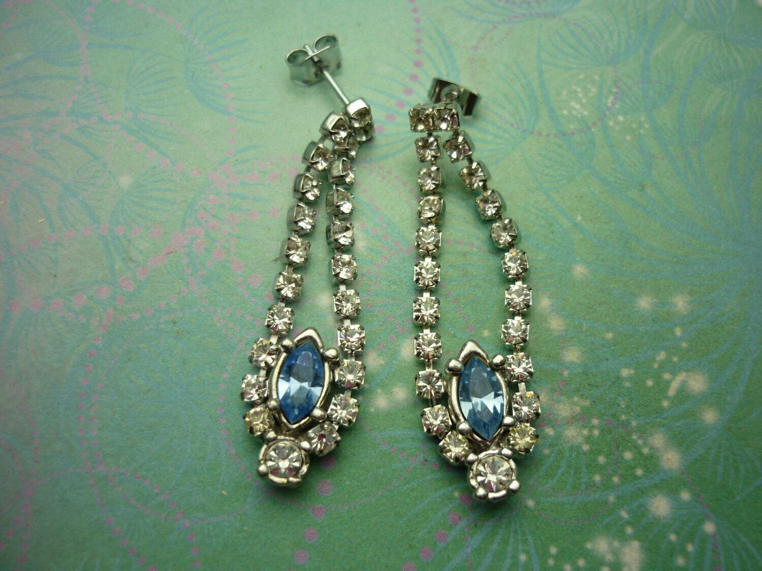 Blue Vintage Crystal Silver Earrings - Rhinestones with Steel Posts