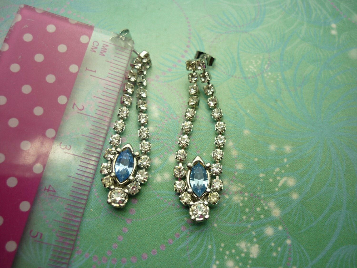 Blue Vintage Crystal Silver Earrings - Rhinestones with Steel Posts - Image 2
