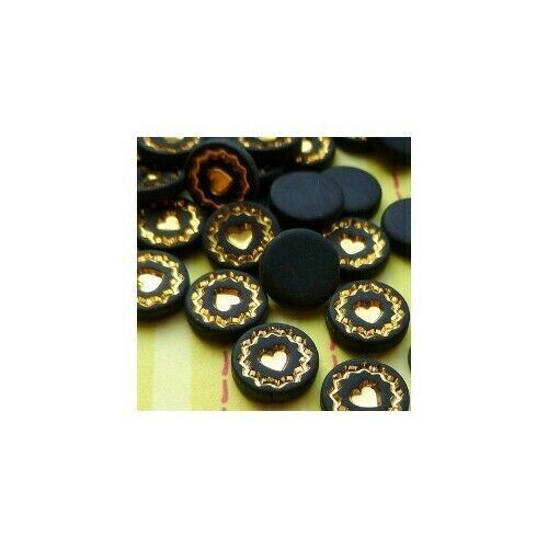 Vintage Black and Gold 9mm German Glass Heart Cabochon Charm