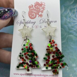 Christmas tree earings big with silver stars