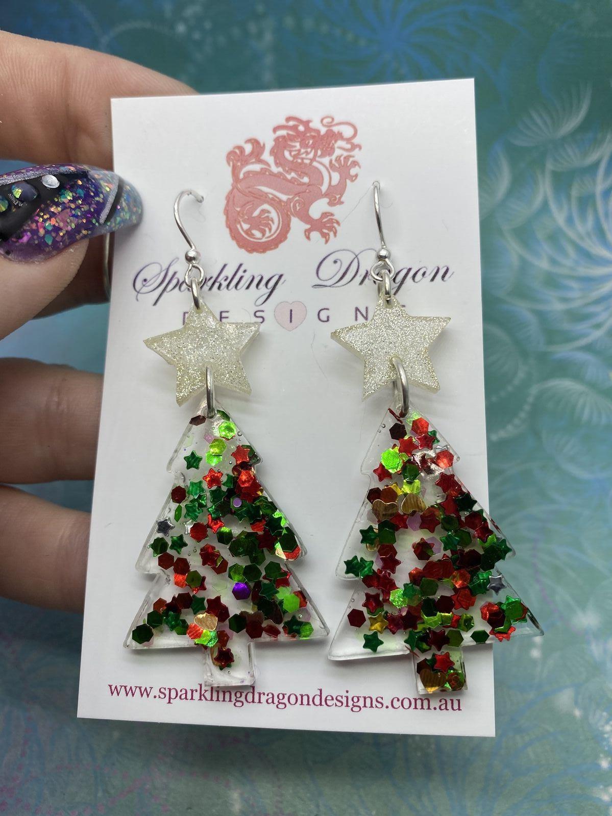 Christmas tree earings big with silver stars