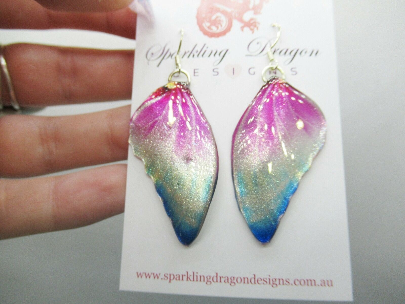 Butterfly Wing Earrings Misty Pink and Blue Fun and Whimsical Fairy Jewellery - Image 2