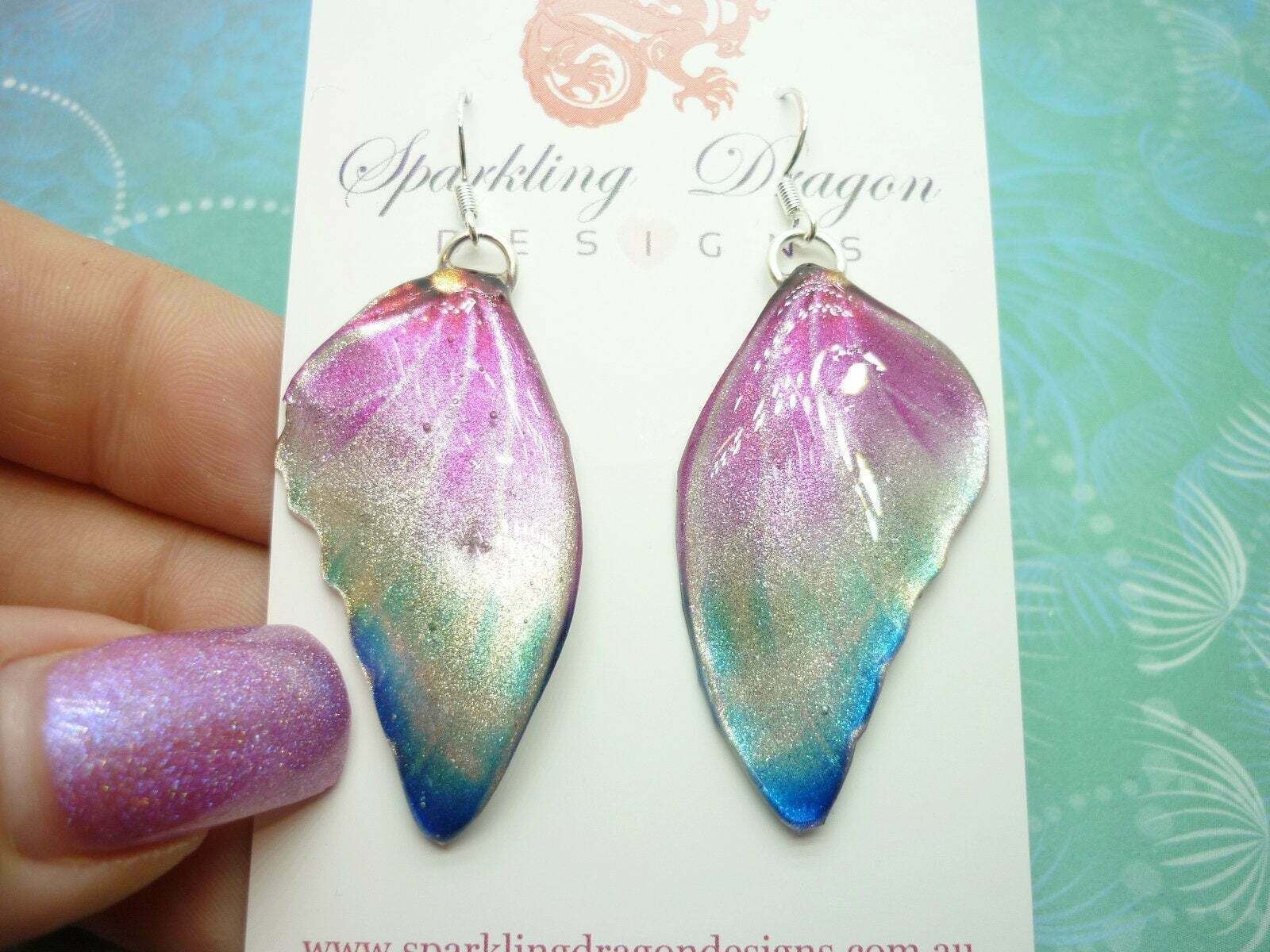 Butterfly Wing Earrings Misty Pink and Blue Fun and Whimsical Fairy Jewellery - Image 3