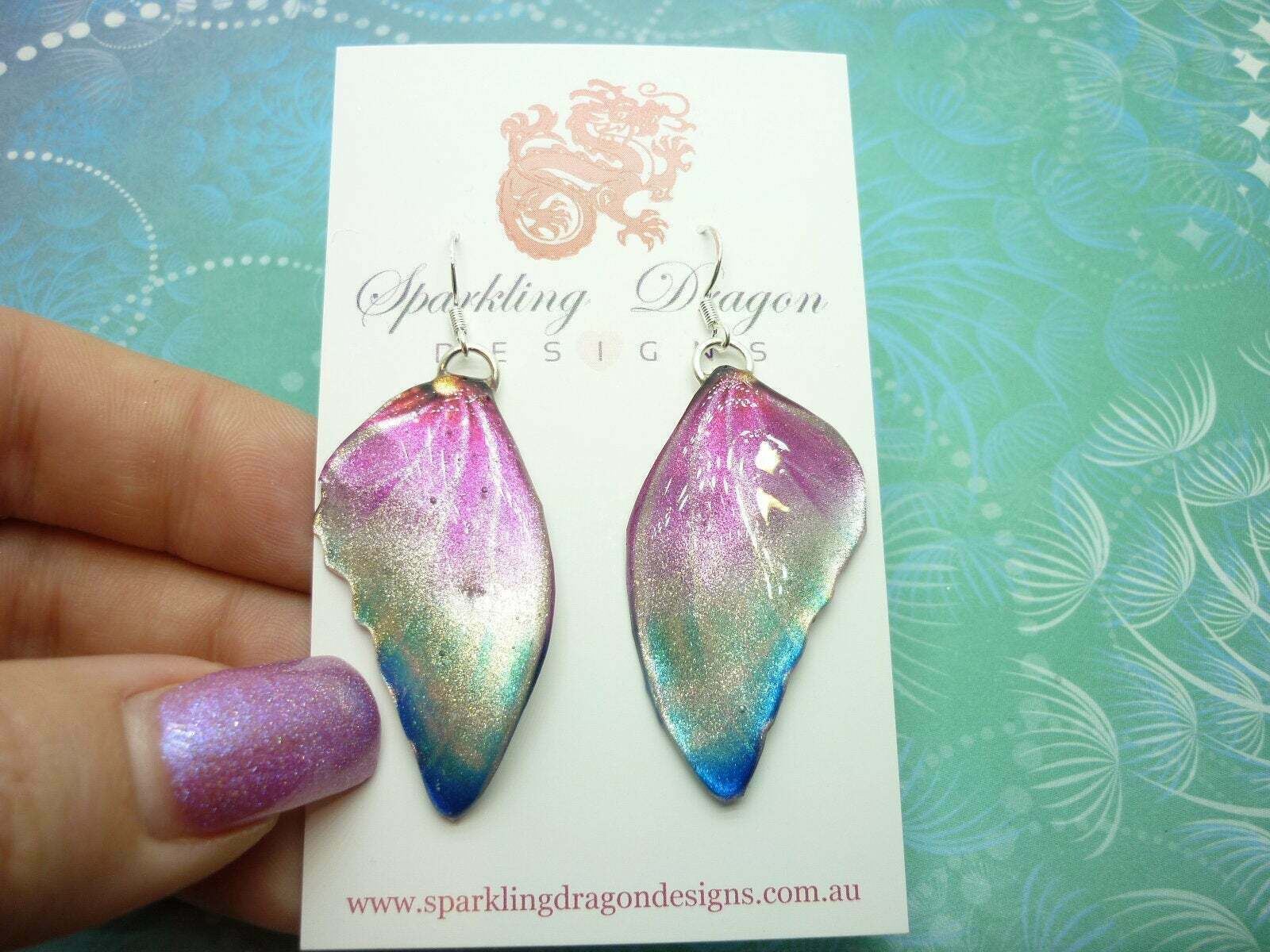 Butterfly Wing Earrings Misty Pink and Blue Fun and Whimsical Fairy Jewellery - Image 5