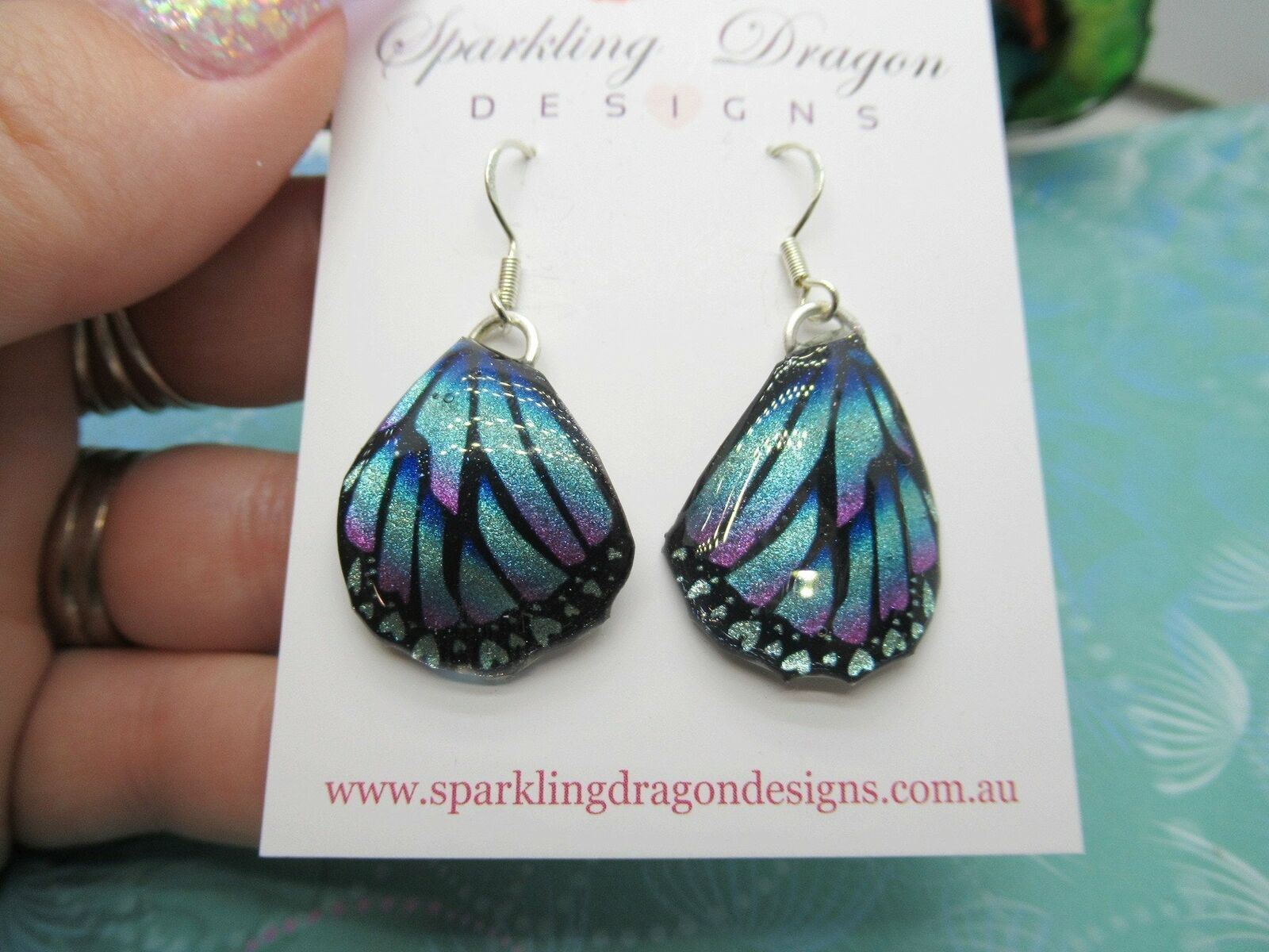 Butterfly Wing Earrings Pink & Blue Hearts - Fairy Jewellery Mothers Day Present - Image 2