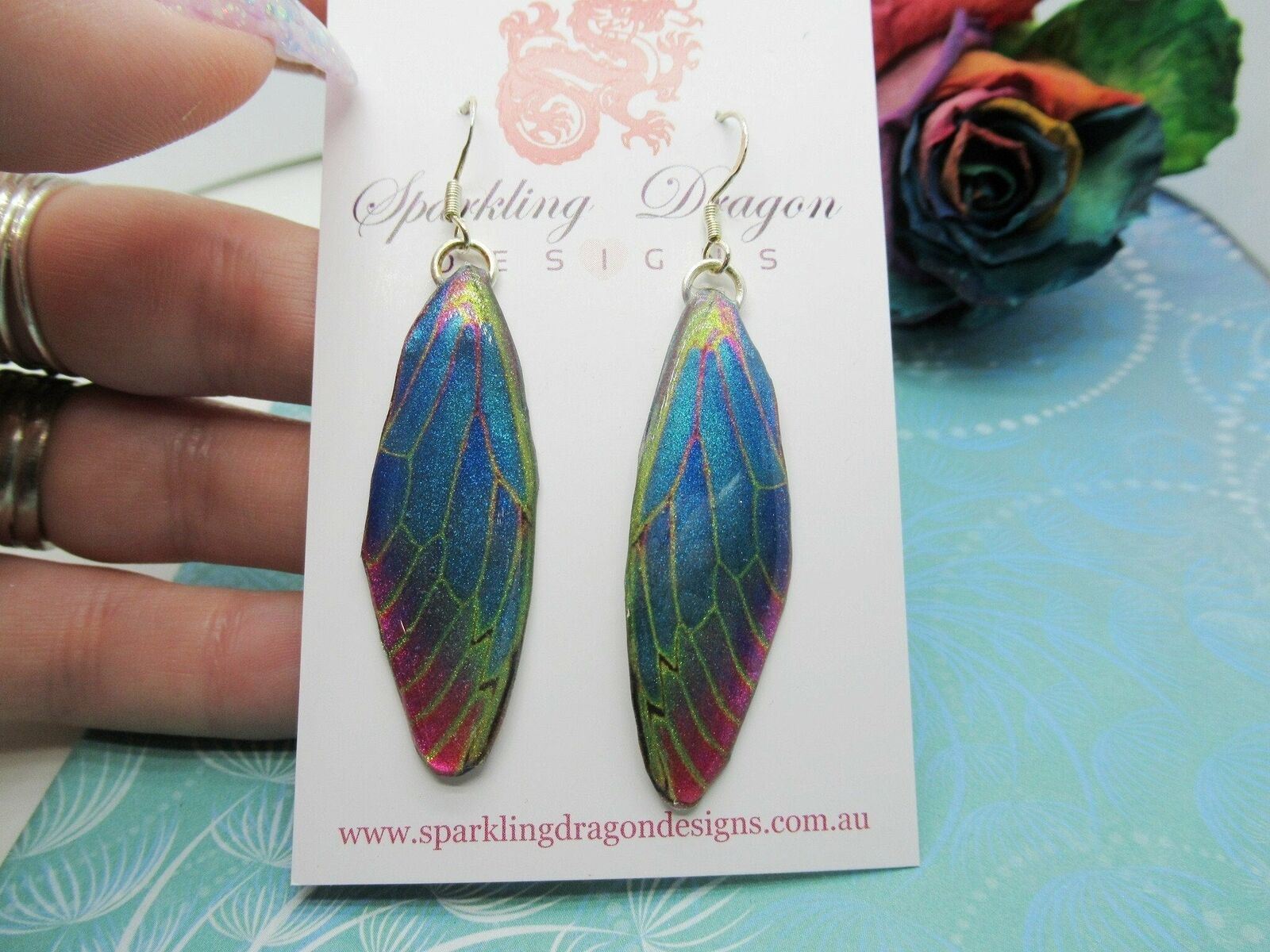 Blue Red Green Golden Butterfly Wing Dragonfly Mystic Earrings
