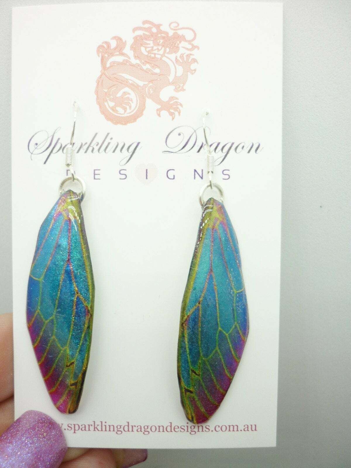 Blue Red Green Golden Butterfly Wing Dragonfly Mystic Earrings - Image 2