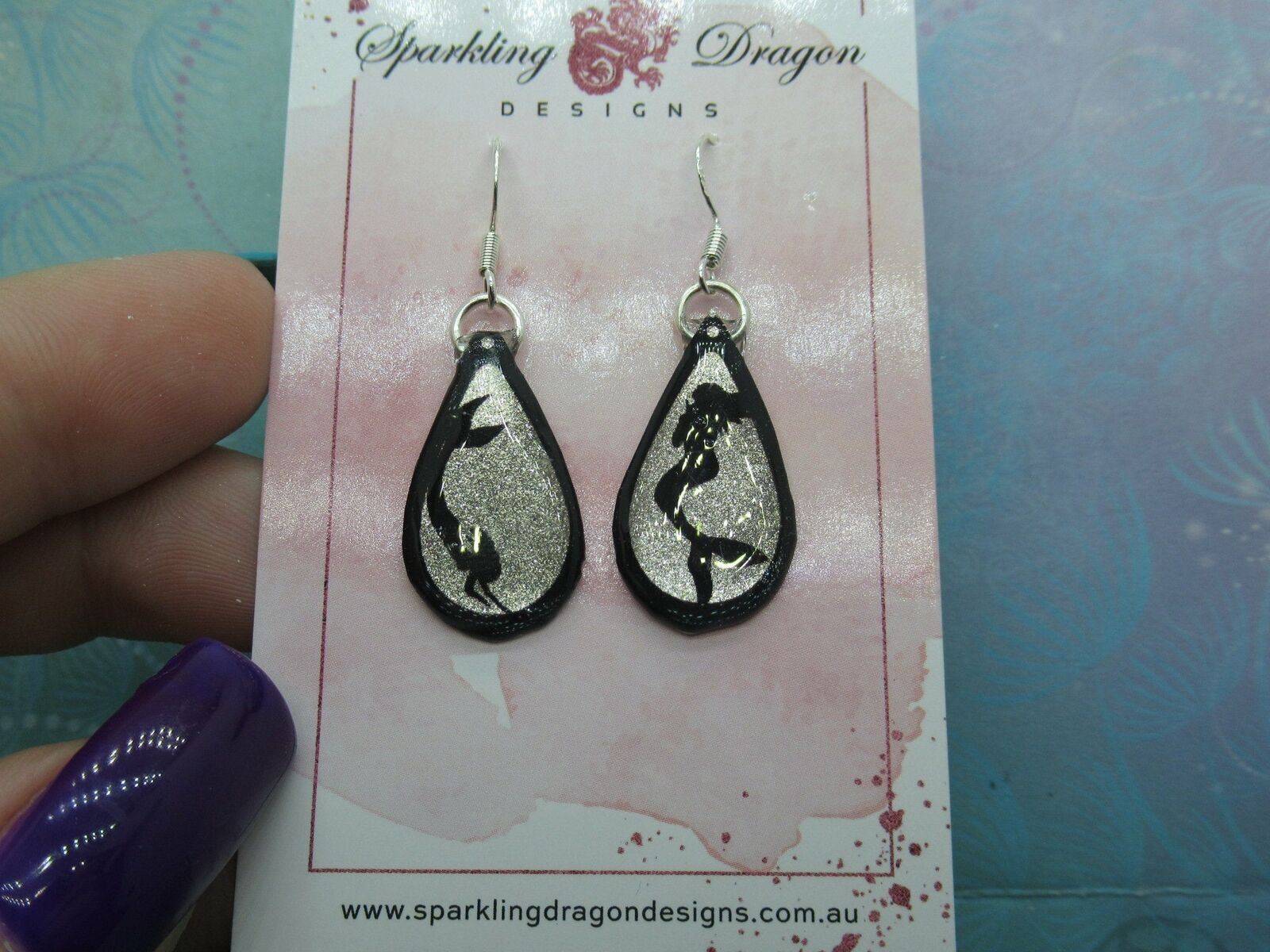 Rain Drop Mermaid Earrings - New Age Boho gift - Sparkling Silver in Resin with