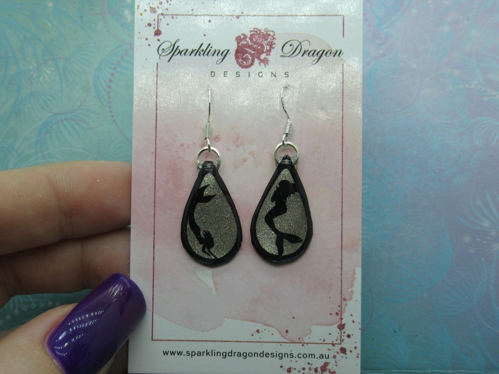 Rain Drop Mermaid Earrings - New Age Boho gift - Sparkling Silver in Resin with - Image 2