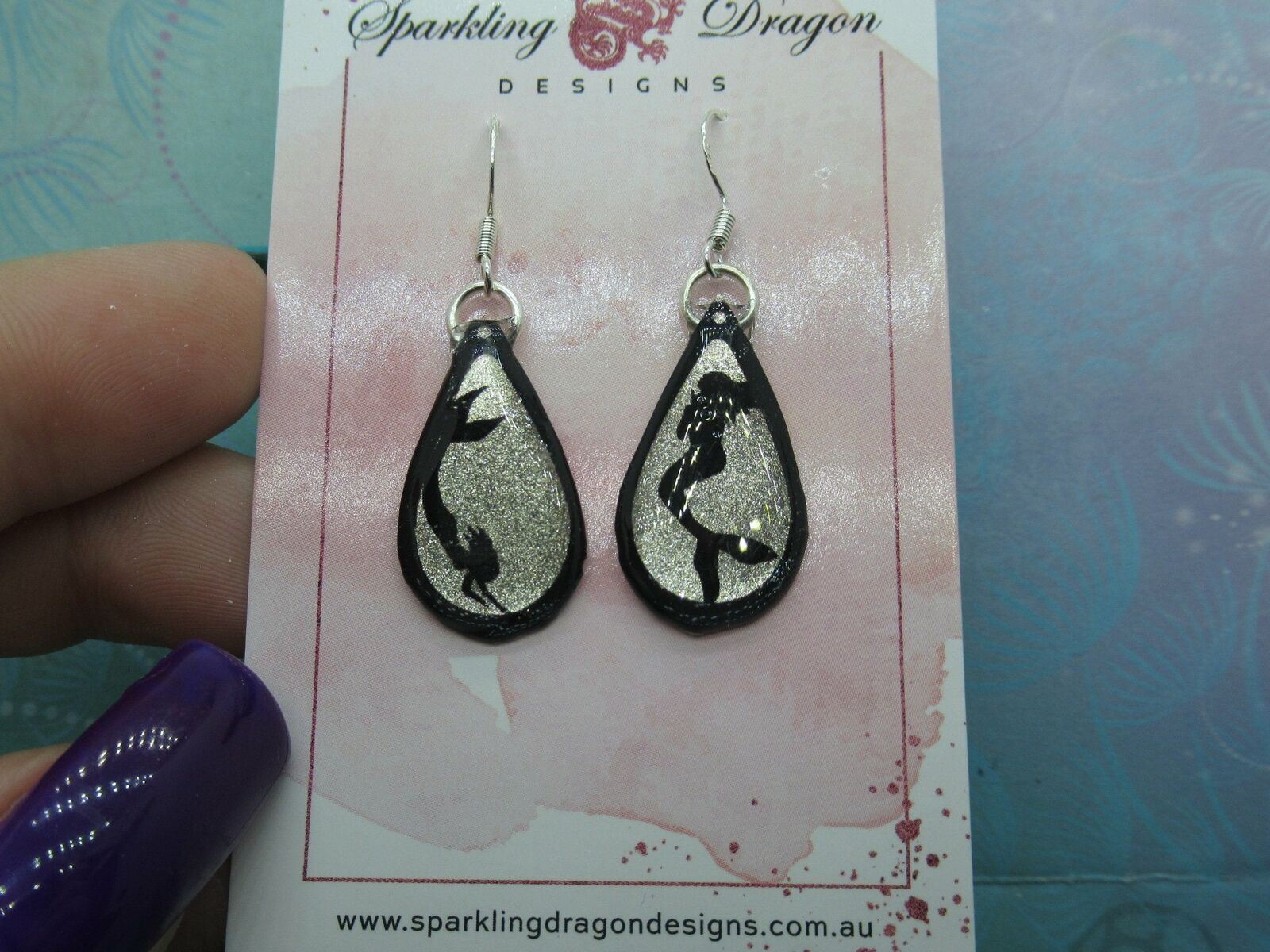 Rain Drop Mermaid Earrings - New Age Boho gift - Sparkling Silver in Resin with - Image 3