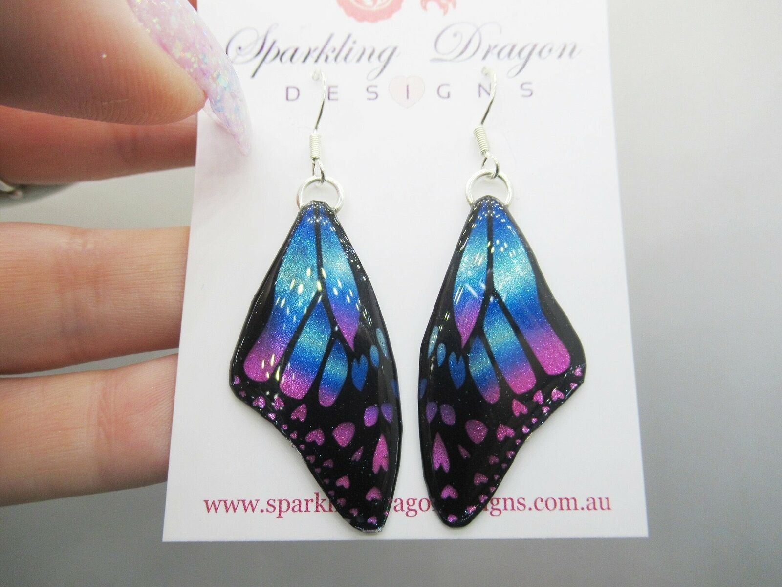 Butterfly Wing Earrings Blue & Pink Glittery Jewellery Birthday Present