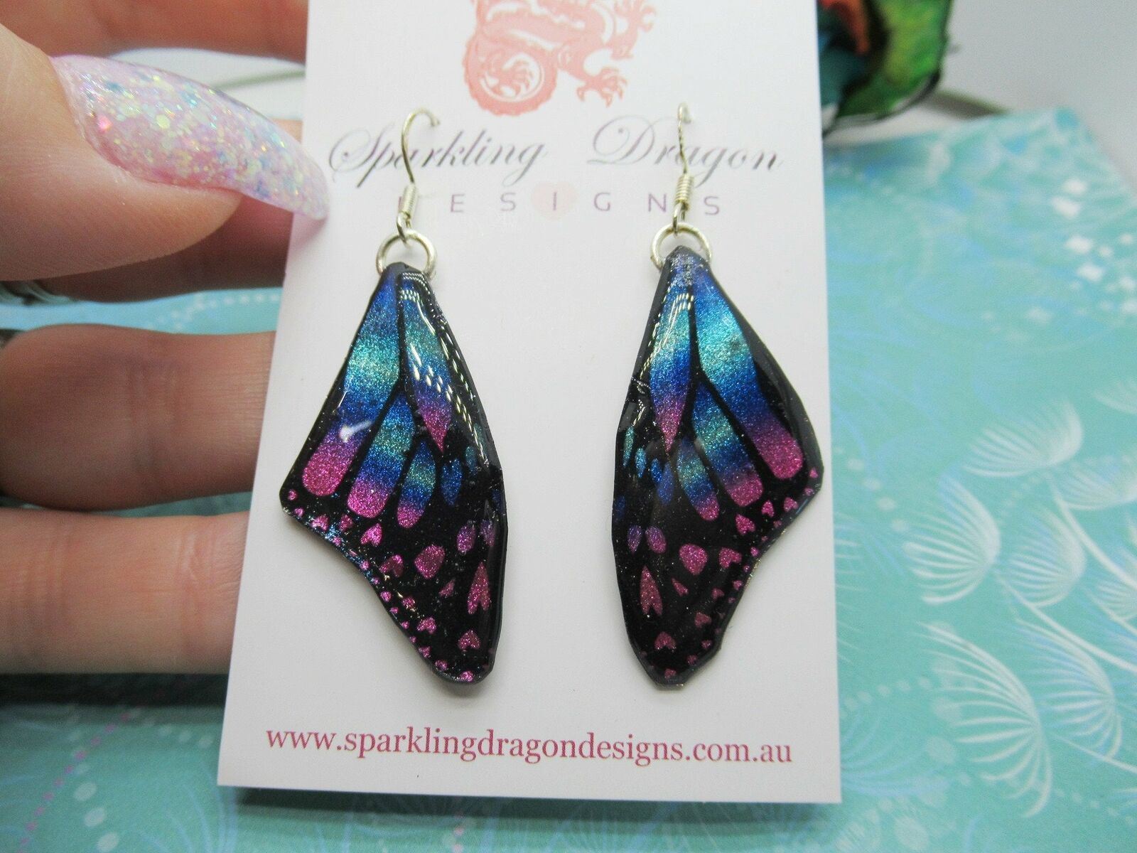 Butterfly Wing Earrings Blue & Pink Glittery Jewellery Birthday Present - Image 2