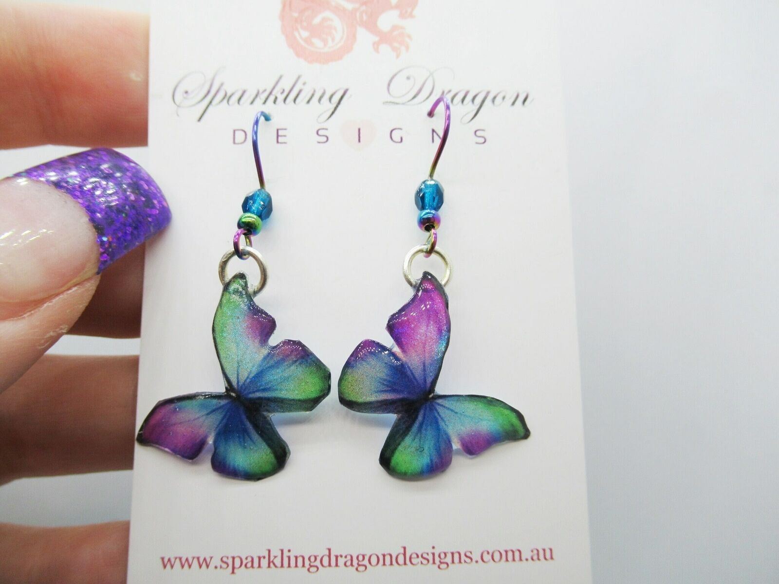 Butterfly Earrings Green, Blue, Purple with Bead - Fairy Party Jewellery