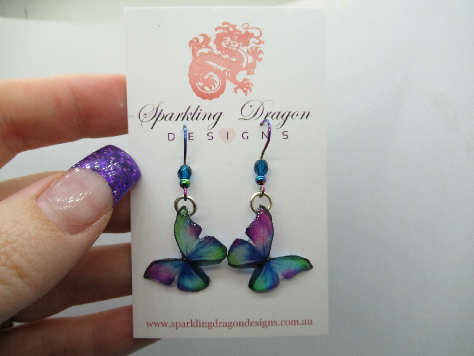 Butterfly Earrings Green, Blue, Purple with Bead - Fairy Party Jewellery - Image 4